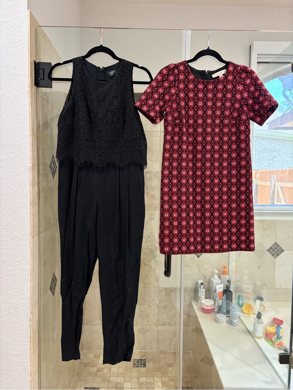 LOFT Work Outfit Lots Black Lace Sleeveless Jumpsuit & Red Geometric Dress